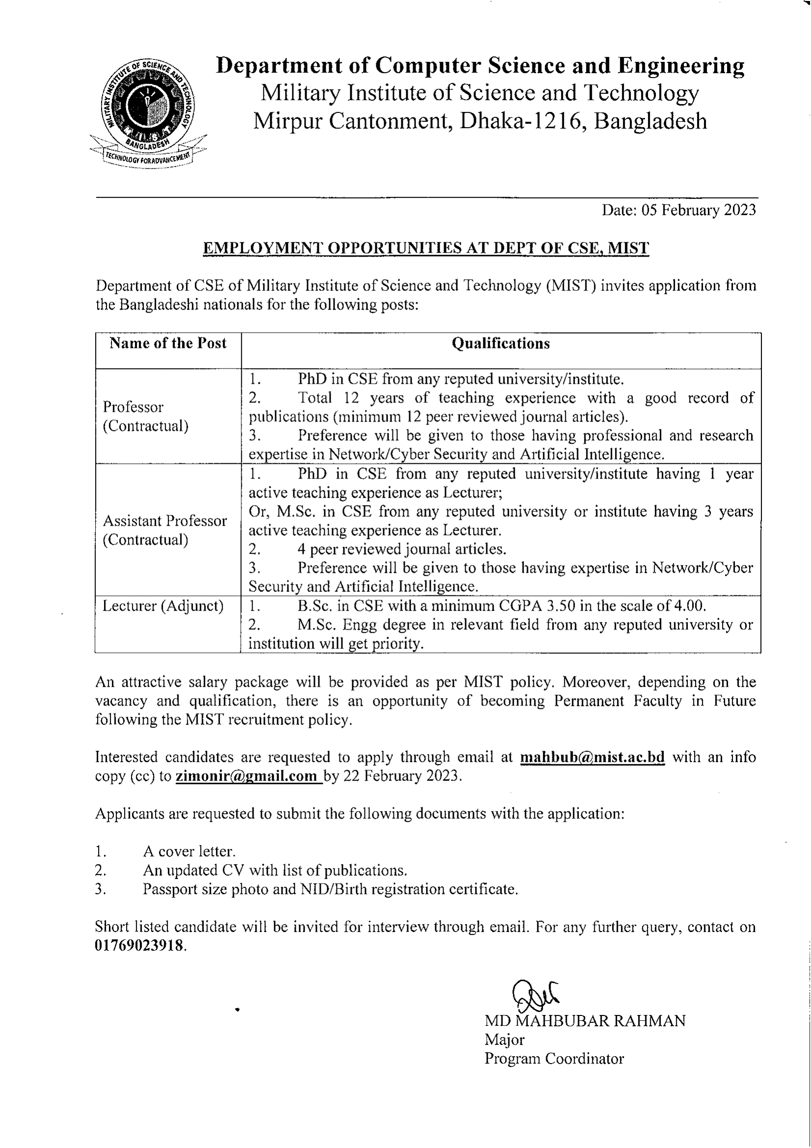 EMPLOYMENT OPPORTUNITIES AT DEPT OF CSE, MIST